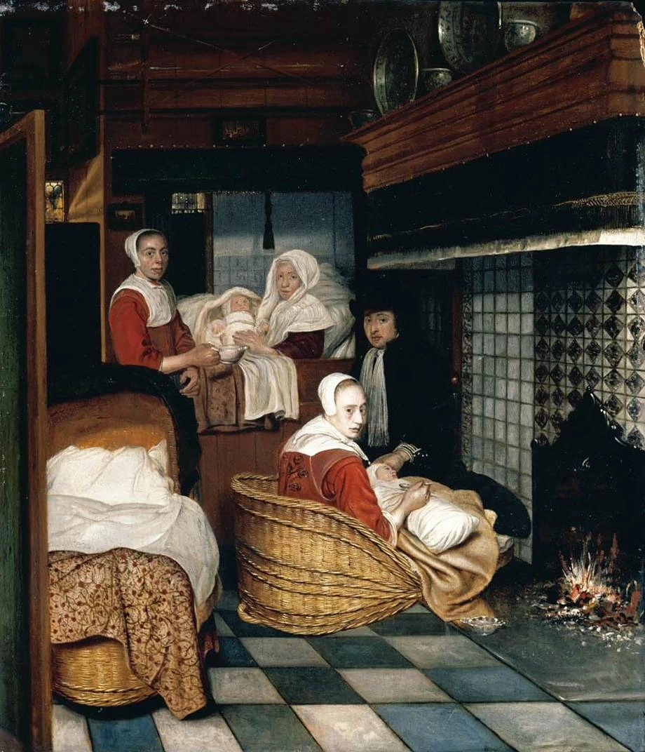 Interno con una famiglia e due donne davanti al fuoco